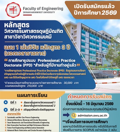 รับสมัครนิสิตหลักสูตรปริญญาเอก วศ.ด. (วิศวกรรมเคมี) นอกเวลาราชการ (แผน 1.1 เน้นวิจัย)